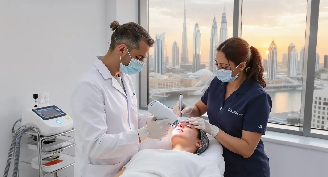 A dermatologist in a modern Dubai clinic performs fractional CO2 laser treatment on a patient’s cheek while a nurse cools the surrounding skin with an air-based device. The treatment room features sleek white surfaces and a large window overlooking Dubai’s skyline.