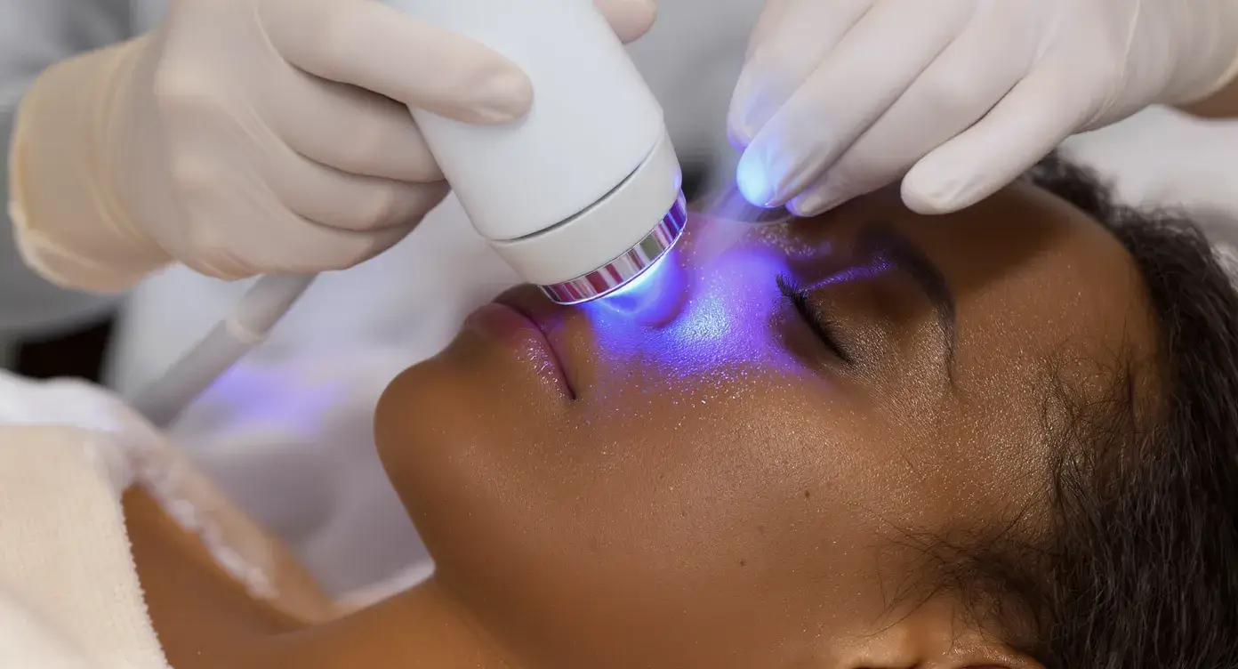 Close-up of a dermatologist performing Nd:YAG laser hair removal on a patient with deep brown skin, with real-time skin cooling spray visible.