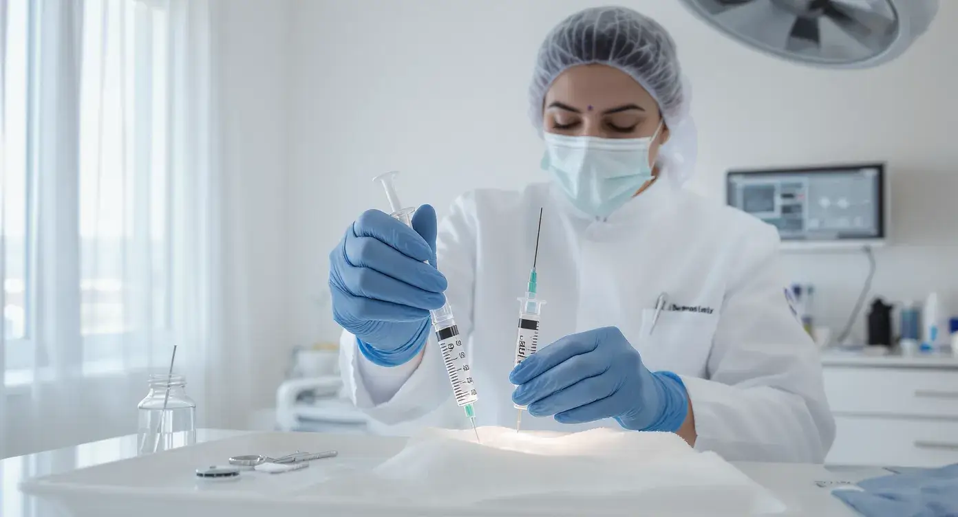 Close-up of a gloved dermatologist preparing two syringes, one labeled PRP and the other PRF, in a bright Dubai clinic treatment room.