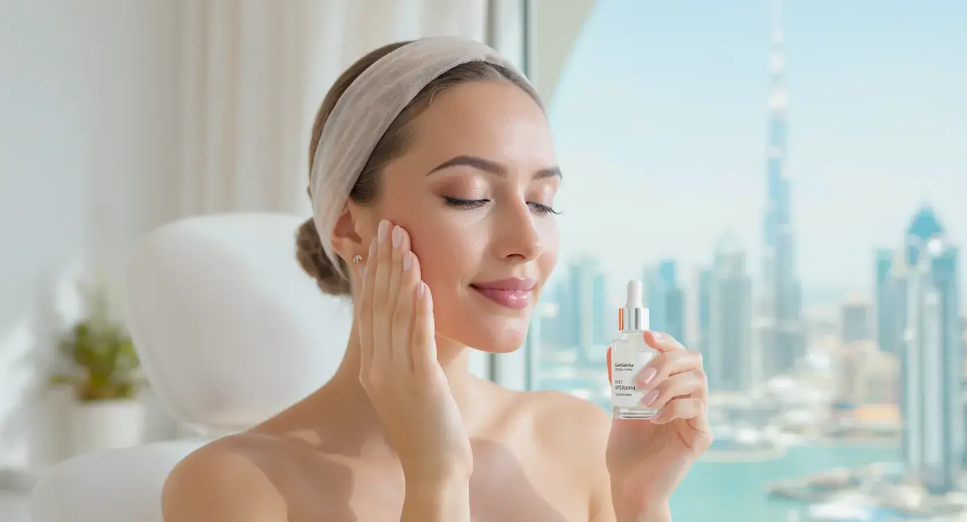 Close-up of a woman applying a lightweight hyaluronic serum to slightly pink skin in soft, indirect light, with Dubai skyline visible through a clinic window.