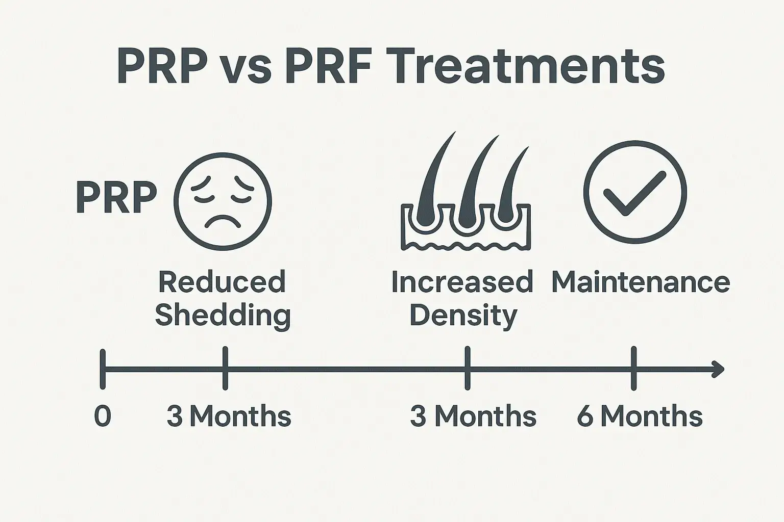 Diagram showing the timeline of PRP vs PRF treatments over six months, with icons marking reduced shedding, increased density, and maintenance phases.