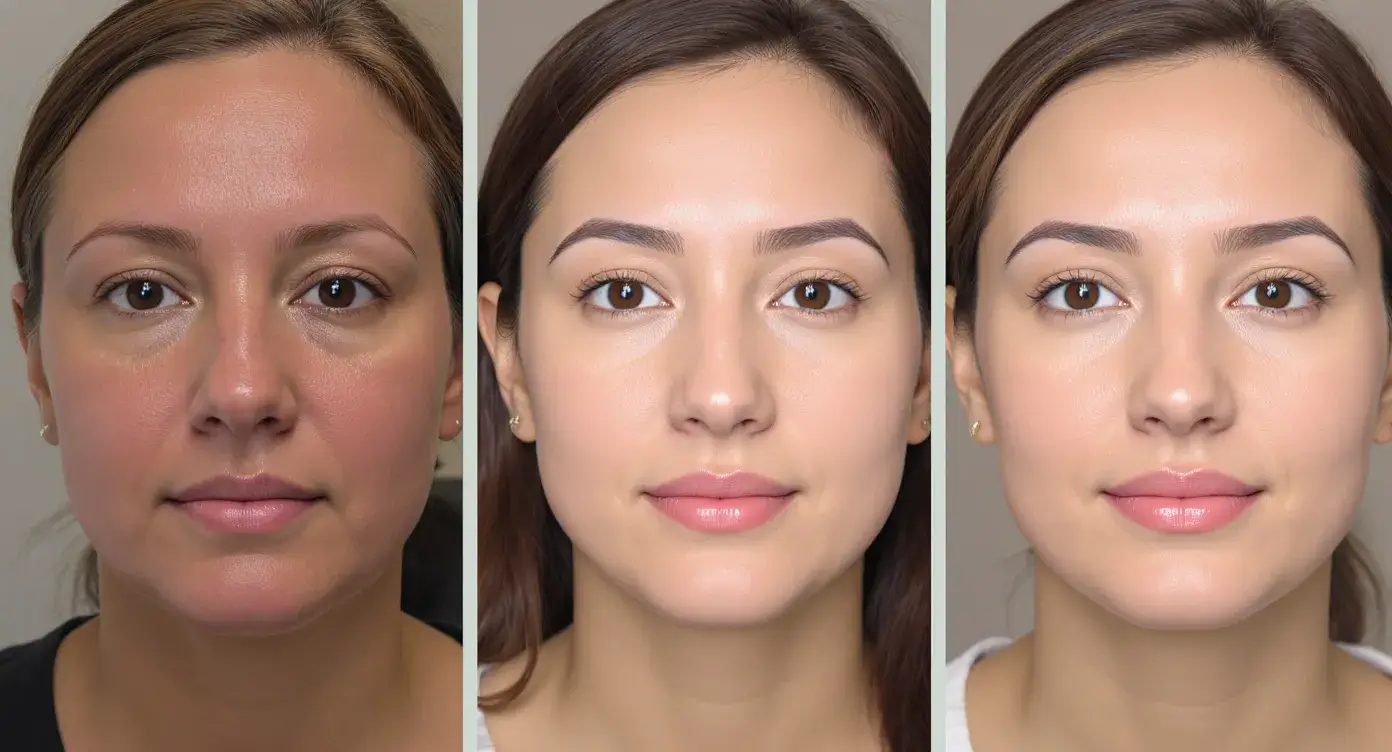 Side-by-side clinical photo sequence of a female patient with melasma on both cheeks before treatment, after three sessions of mesotherapy, and at twelve-week follow-up showing markedly lighter, uniform skin tone.