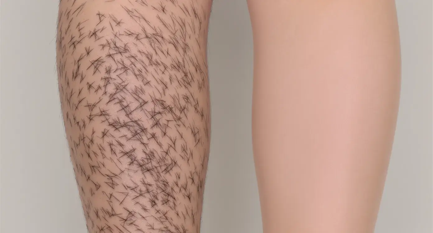 Side-by-side comparison of a woman’s lower leg before treatment showing dense dark hair, and after six laser sessions where the skin appears clear and smooth under studio lighting.
