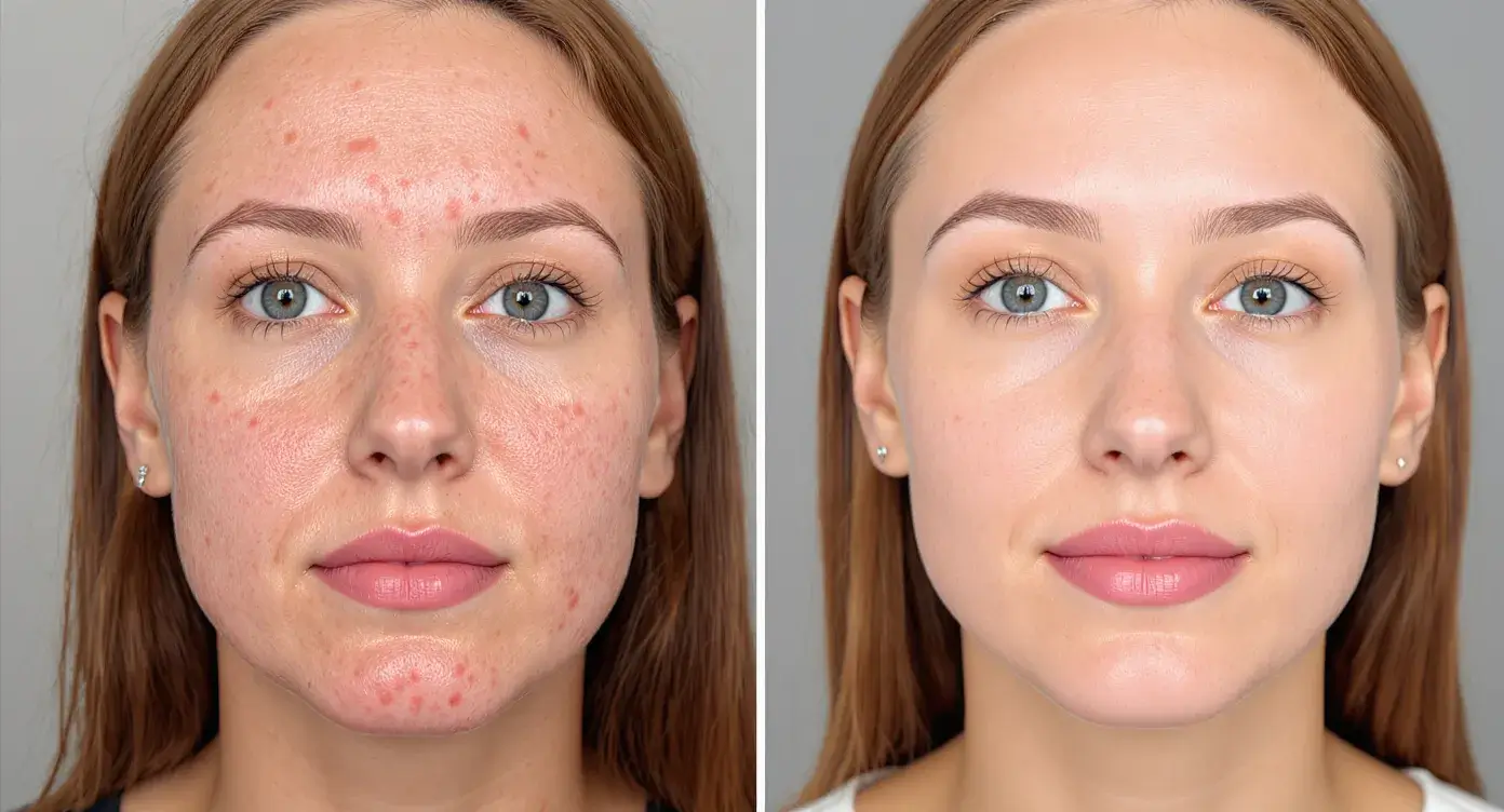 Side-by-side panels: left shows a woman with mild acne scars under clinic lighting, right panel shows smoother, brighter skin 30 days later.