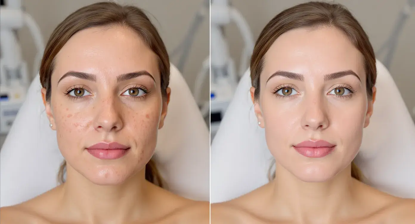 Side-by-side photo: patient with flat brown post-acne marks on left cheek before treatment, and noticeably clearer, even-toned skin after three combination IPL and chemical peel sessions at a clinic room with laser equipment in the background.