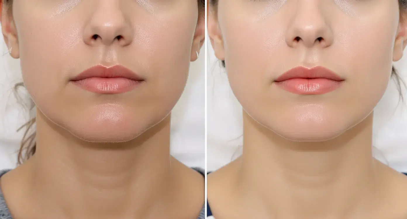 Side-by-side photos of a female patient with Fitzpatrick V showing chin area before laser treatment with coarse hairs and after six sessions with clear, smooth skin.