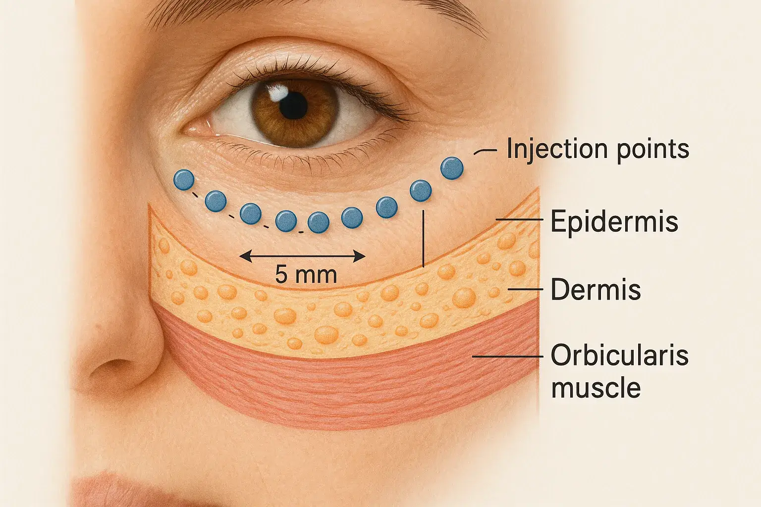 Simple cross-section diagram of the lower eyelid showing epidermis, dermis, orbicularis muscle, and injection points for mesotherapy micro-boluses spaced 5 mm apart along the tear trough.