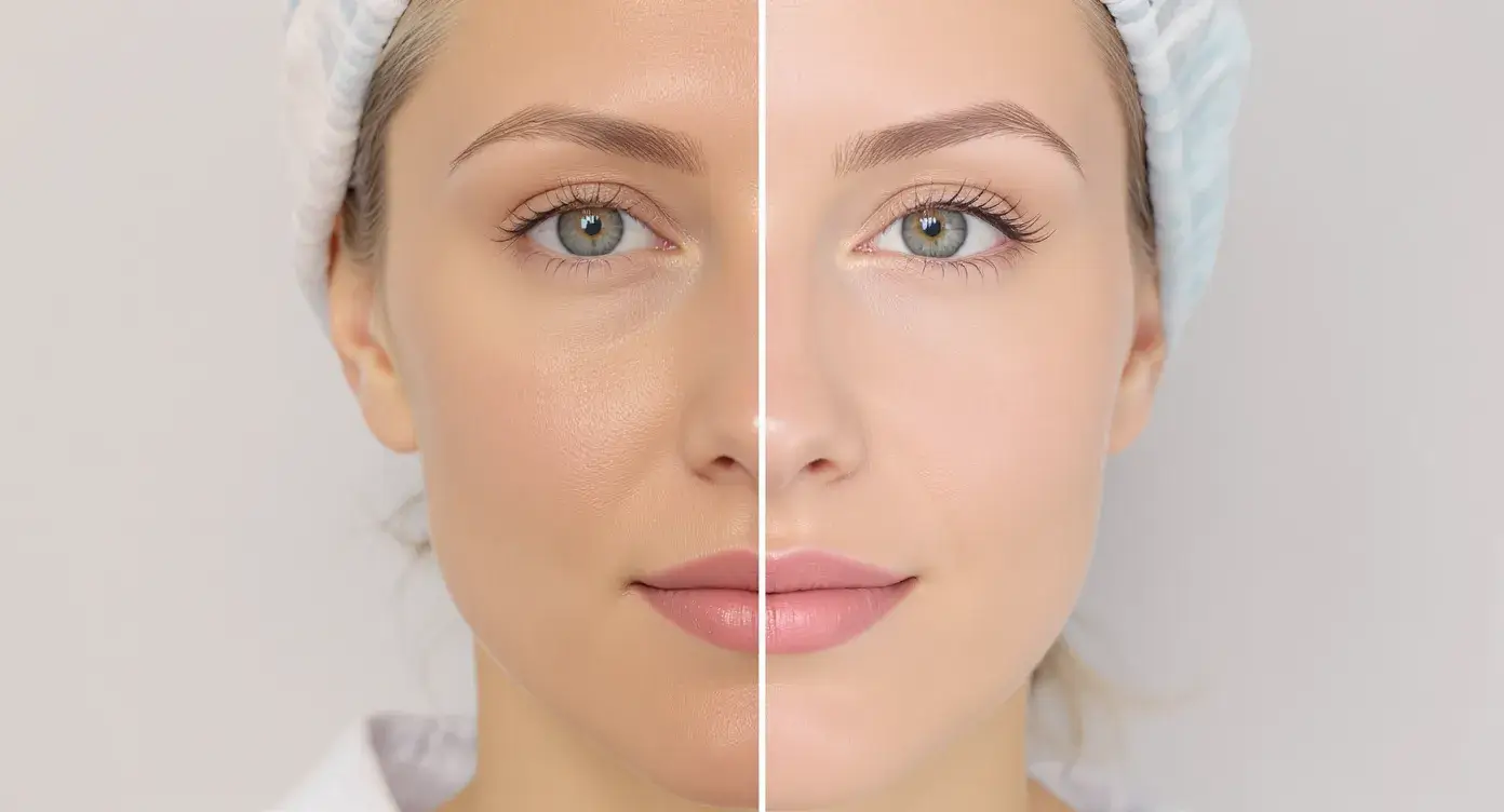 Split-face comparison demonstrating smoother texture and reduced pigmentation three months after three sessions of combined microneedling and mesotherapy on the left side, versus microneedling only on the right side.