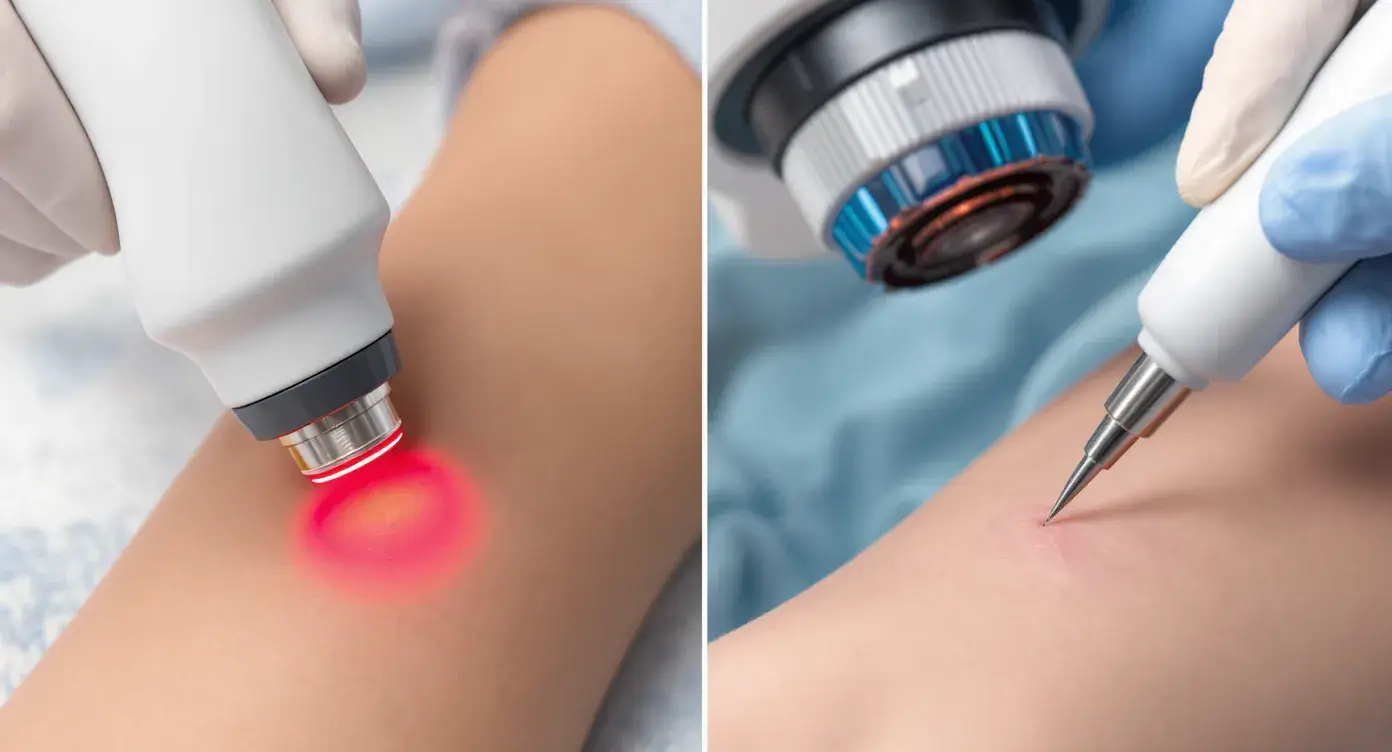 Split view image: on the left, a diode laser handpiece glides over a patient’s leg emitting red light; on the right, a sterile electrolysis probe targets individual follicles under magnification.