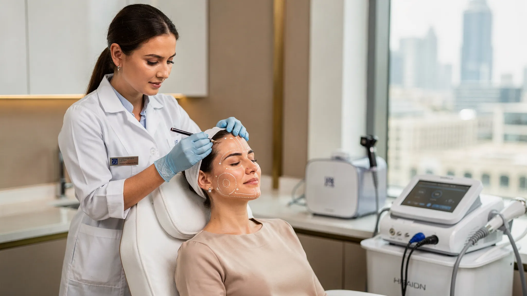 A board-certified female dermatologist in a Dubai clinic assesses a patient’s face under bright neutral light, marking key areas of dynamic lines, volume loss and sun damage to build a personalized anti-aging plan. Treatment devices like an IPL handpiece and ultrasound HIFU console are visible in the background on a clean counter.