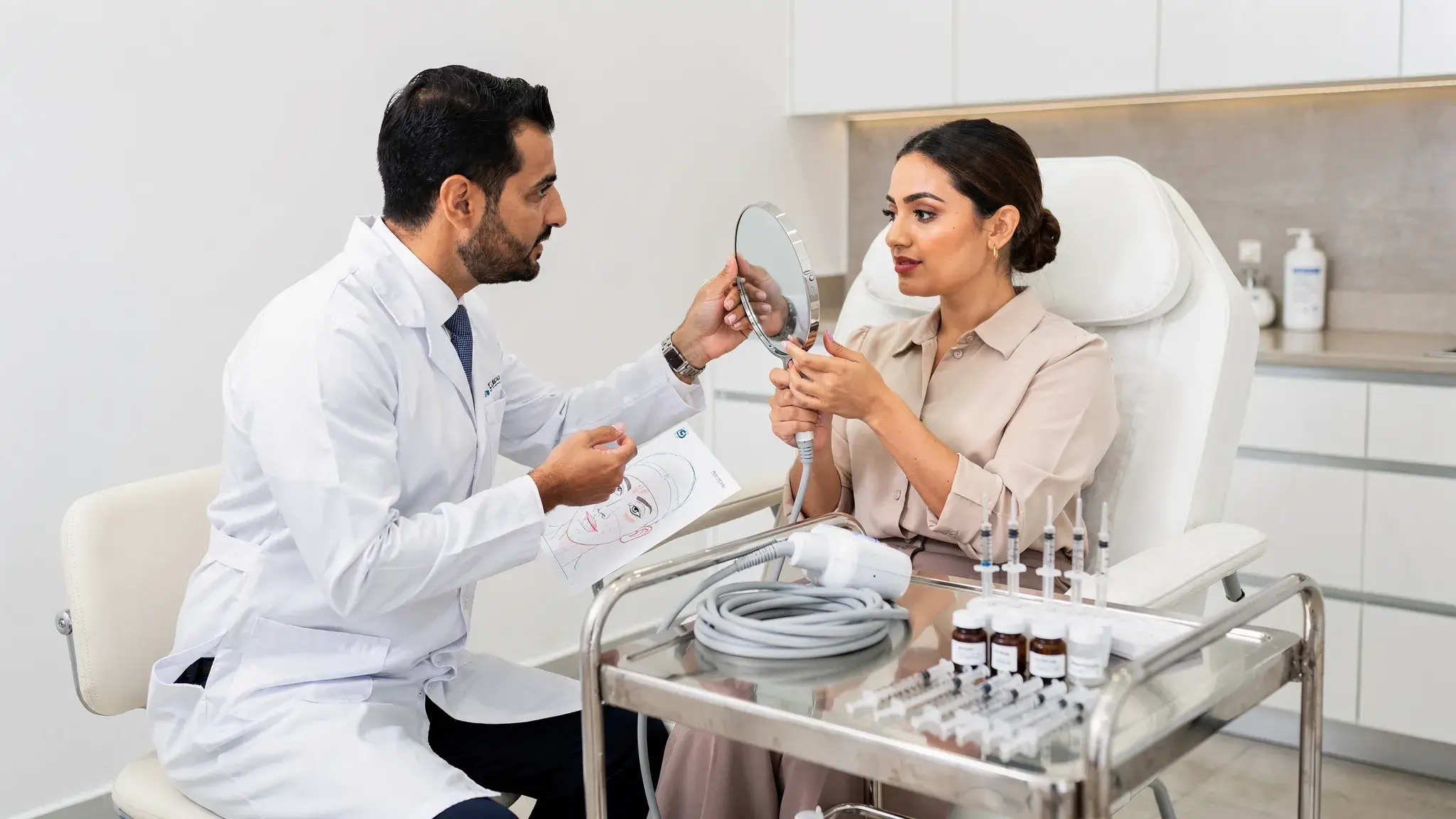 A dermatologist in a modern Dubai clinic consults with a female patient, reviewing a mirror and face-mapping sketch while an ultrasound handpiece and sterile syringes rest on a tray nearby. The room is bright, clean, and professional.