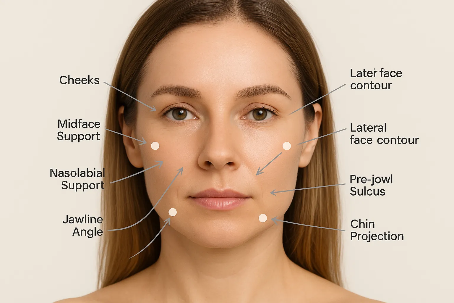 A face diagram highlighting seven strategic filler anchor points across the cheeks, midface support, nasolabial support, jawline angle, pre-jowl sulcus, chin projection, and lateral face contour, with subtle arrows indicating lift vectors for a non-surgical face lift.