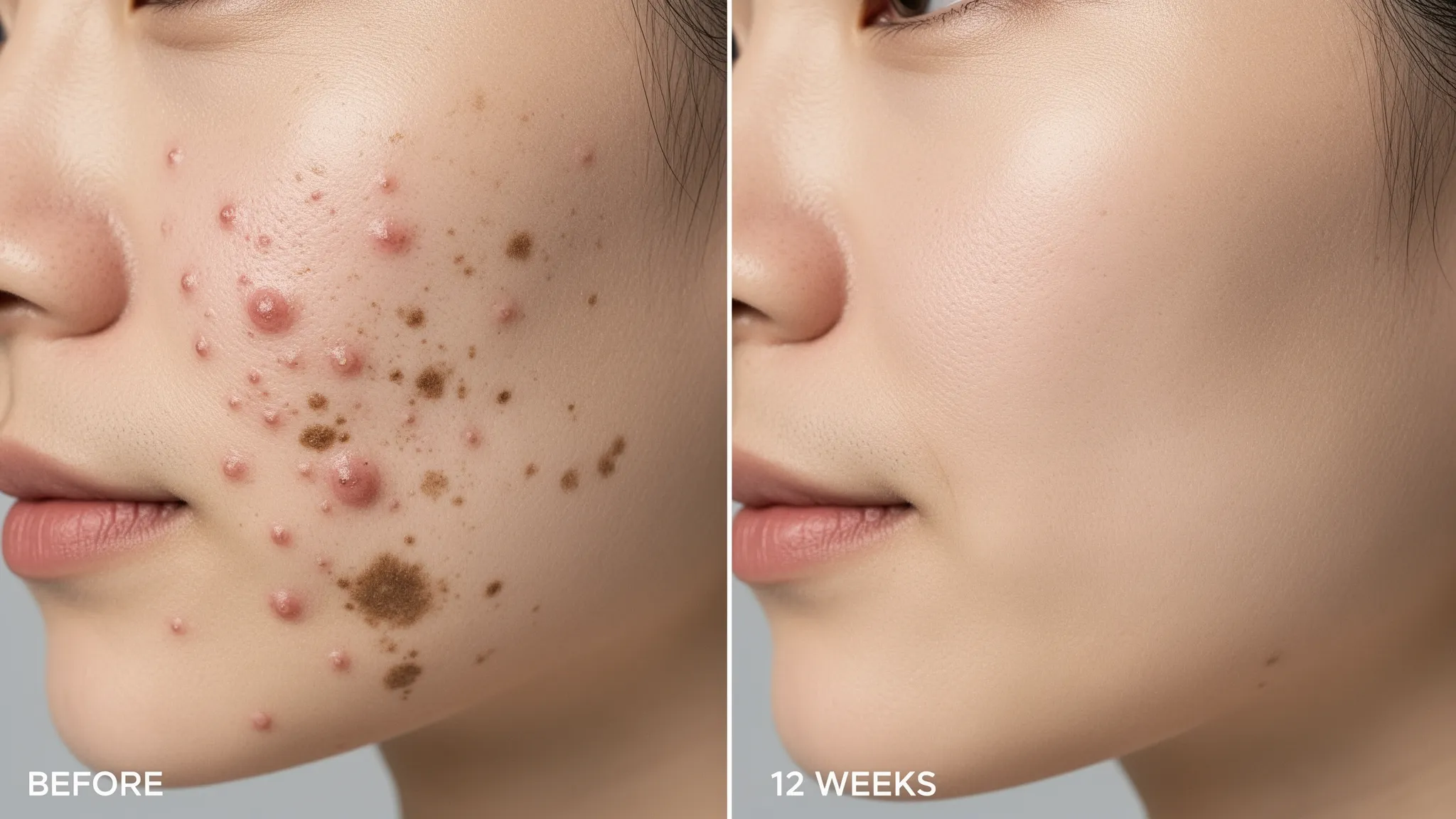 Before and after comparison of cheek acne over 12 weeks, showing a reduction in red pustules, fewer clogged pores, and fading post‑inflammatory hyperpigmentation under consistent lighting and neutral background.