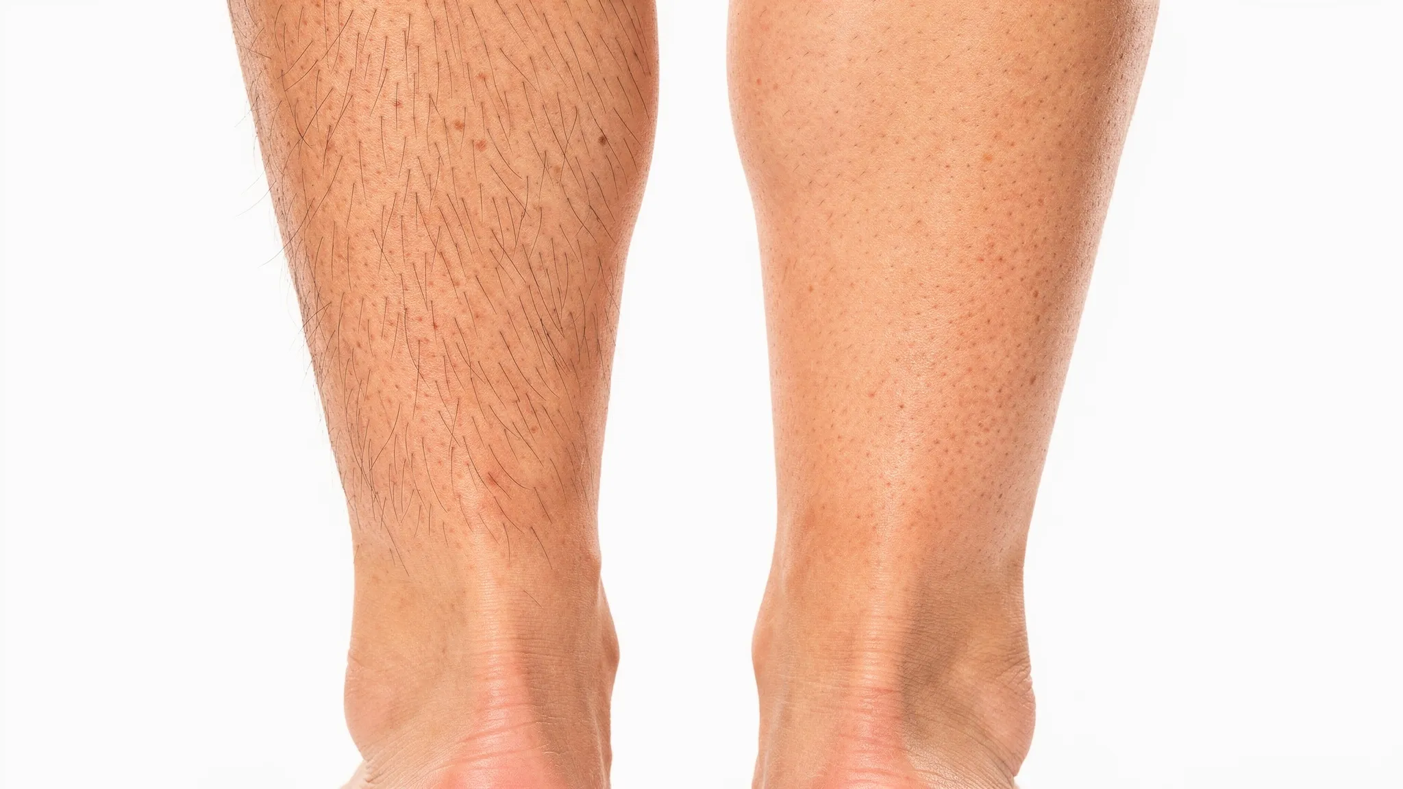 Side-by-side close up of lower legs before and after six sessions of laser hair removal: left shows visible dark hair and shadow; right shows smooth, evenly toned skin with minimal hair presence.