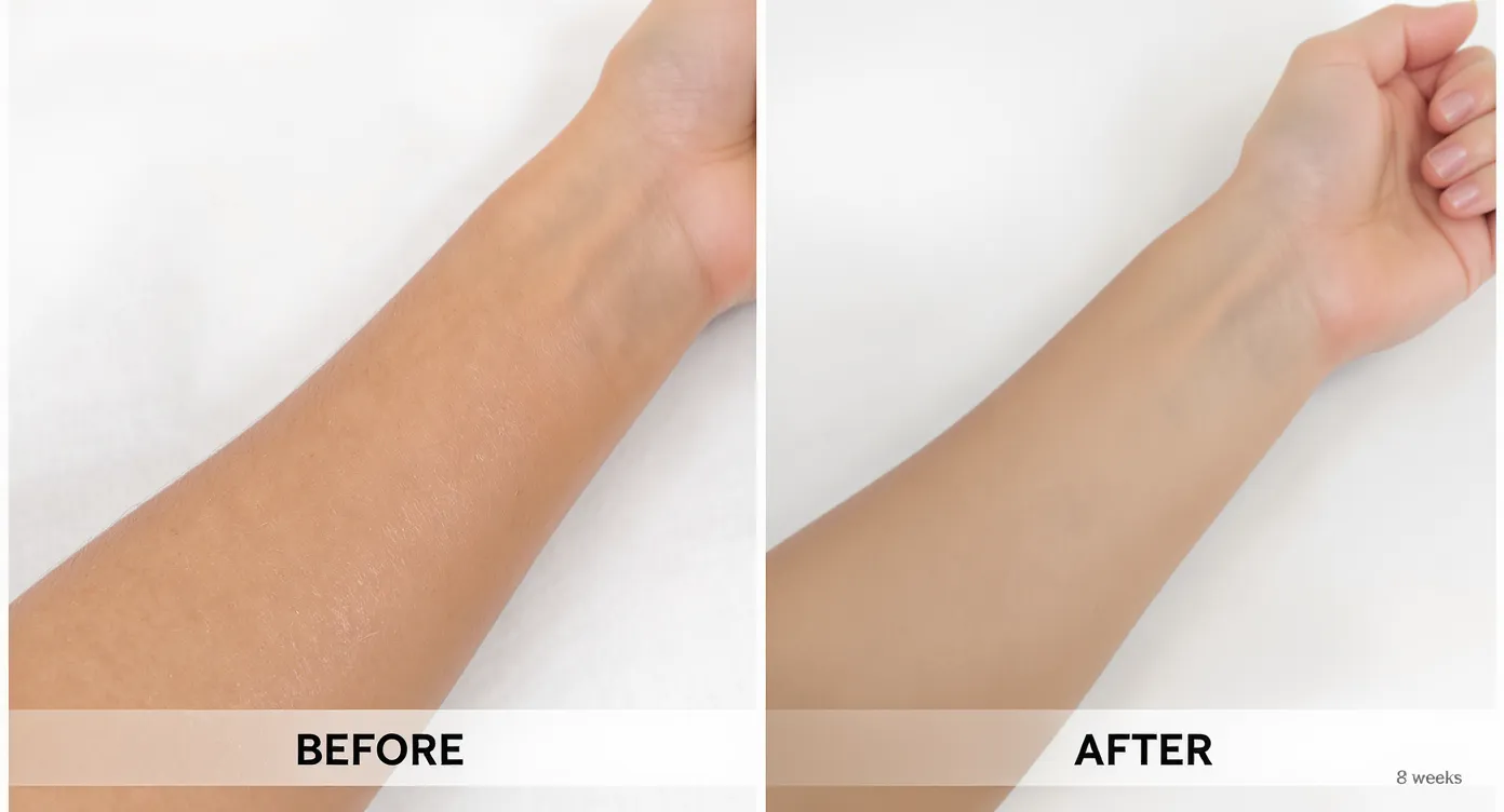 Side-by-side photos of a 28-year-old woman from Kerala showing significant reduction in forearm tanning after four Q-Switched Nd:YAG sessions, with the left image captured before treatment and the right image eight weeks later under standardized lighting.