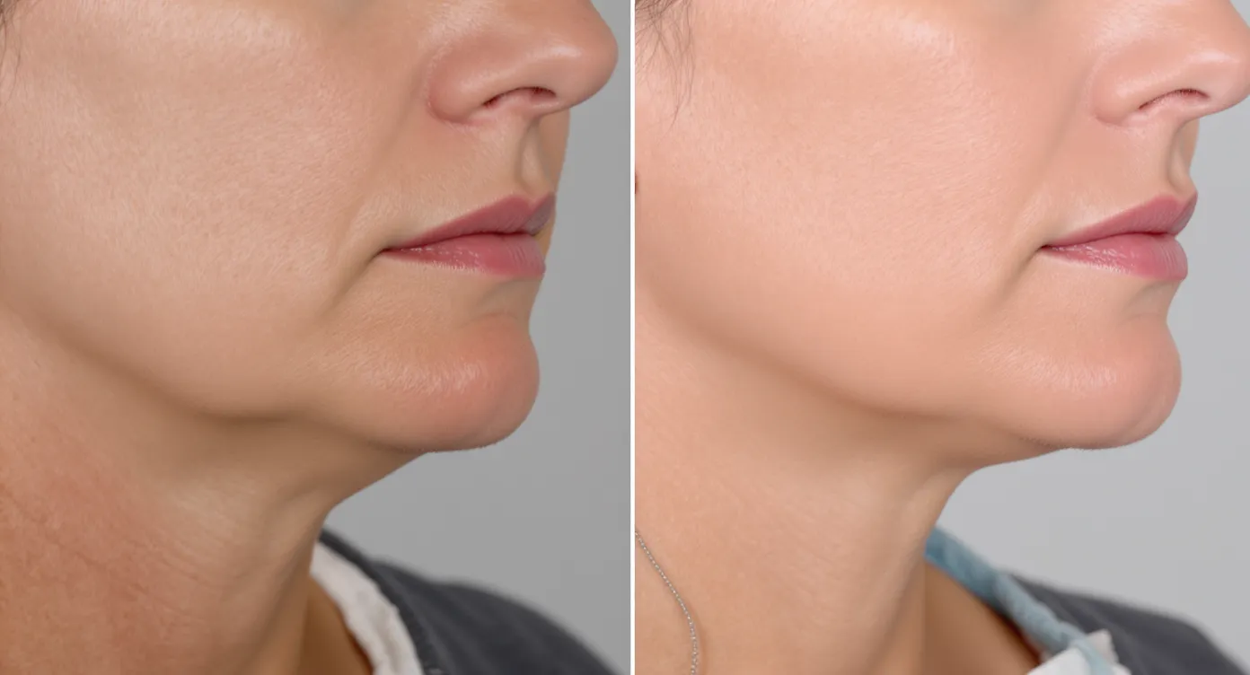 Split image: left side shows pre-treatment sagging jawline under studio lighting, right side after combined threads and filler with lifted contours and smoother skin texture.