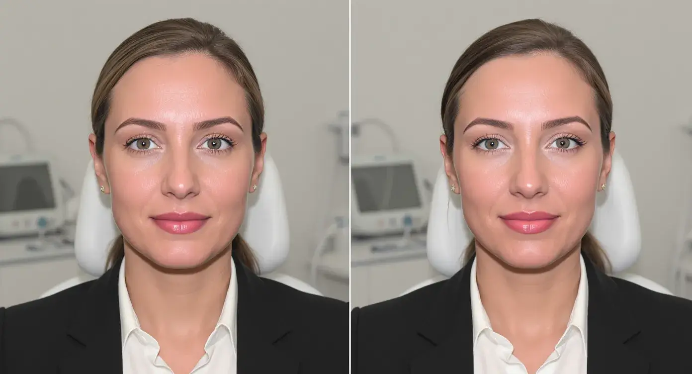Split-screen before-after image of a Dubai professional woman showing forehead lines softened and jawline tighter after combination anti wrinkle injections and Ultraformer MPT, taken under identical clinic lighting two months apart.