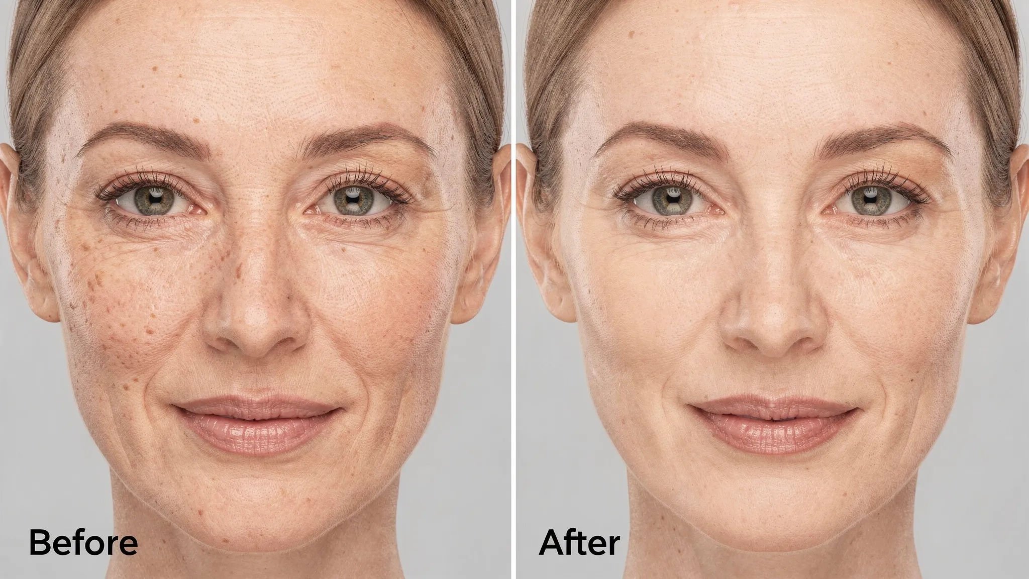 A realistic before-and-after style comparison of facial skin quality showing reduced fine lines and improved brightness, photographed in consistent lighting and angle, with a neutral expression and no filters, presented as a clinical results concept rather than a specific identifiable patient.