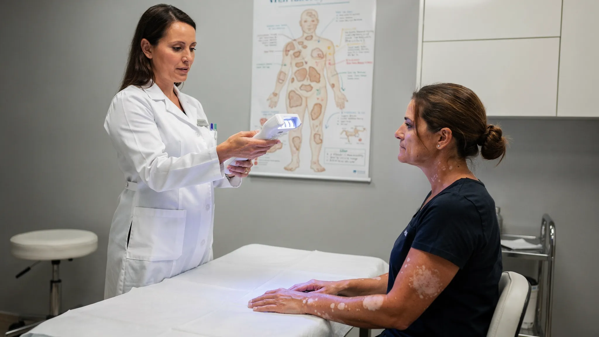 A simple clinic-room scene showing a dermatologist explaining vitiligo light therapy using a handheld UV light device and a body map chart for tracking patch changes, with neutral medical décor and no visible branding on screens.
