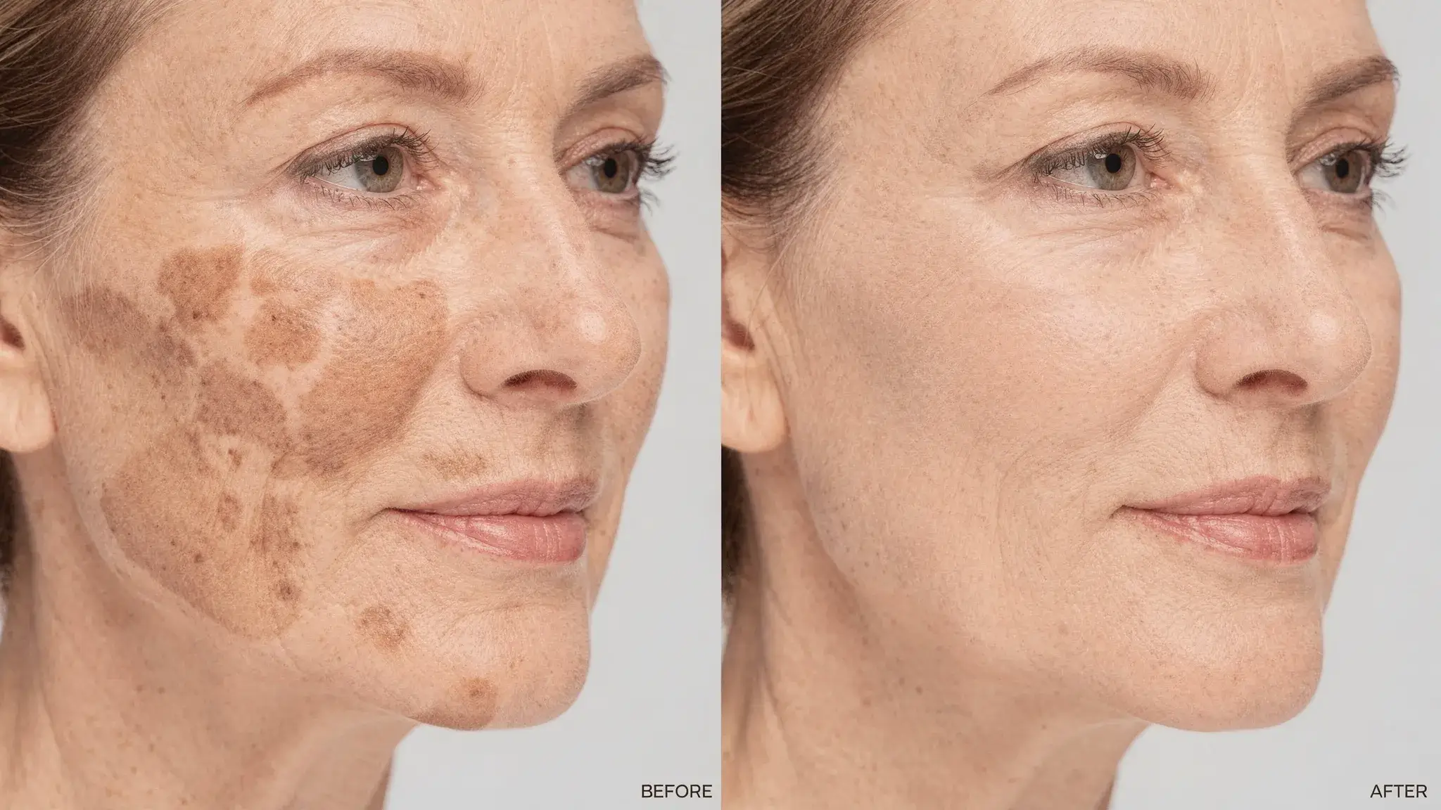 Before-and-after collage of a woman’s cheeks showing reduction of patchy melasma after 12 weeks of a depigmentation protocol, consistent neutral lighting, same angle, bare skin, subtle natural improvement.