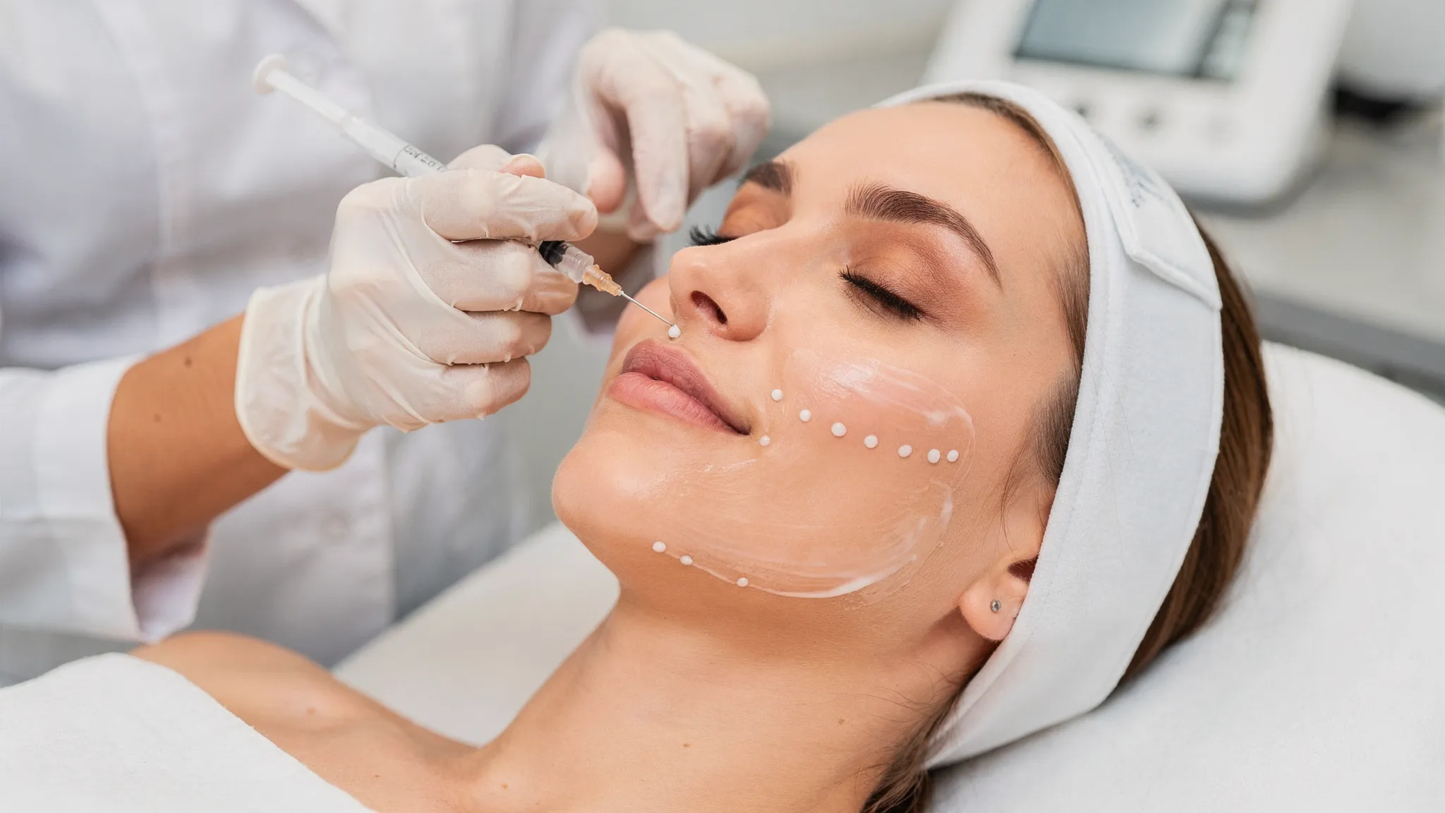 Close up of a dermatologist performing precise micro droplet injections of a hyaluronic acid skin booster along the cheek and jawline on a female patient, with numbing applied and treatment mapping dots visible.