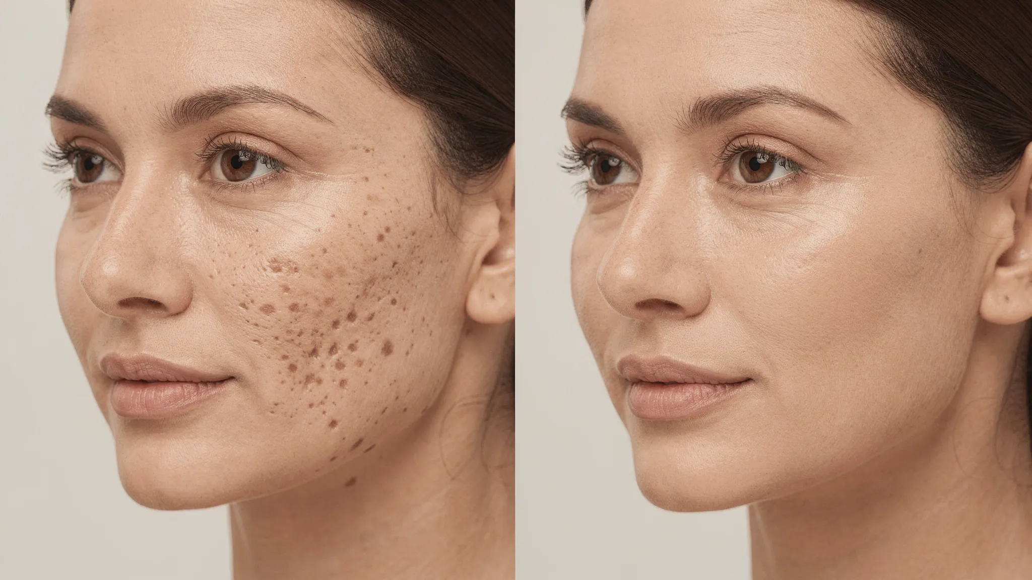 Split screen before and after of a Dubai patient showing improved glow, refined pores, and softened fine lines 8 weeks after two sessions of HA skin booster, same lighting and angles.