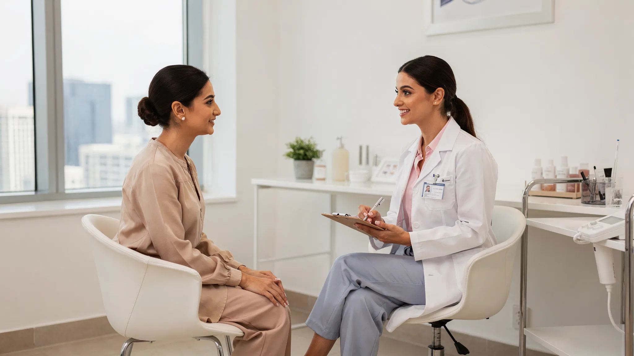 A clean, modern dermatology consultation room in Dubai with a female dermatologist discussing a treatment plan with a patient, both seated, no screens visible, calm clinical setting.