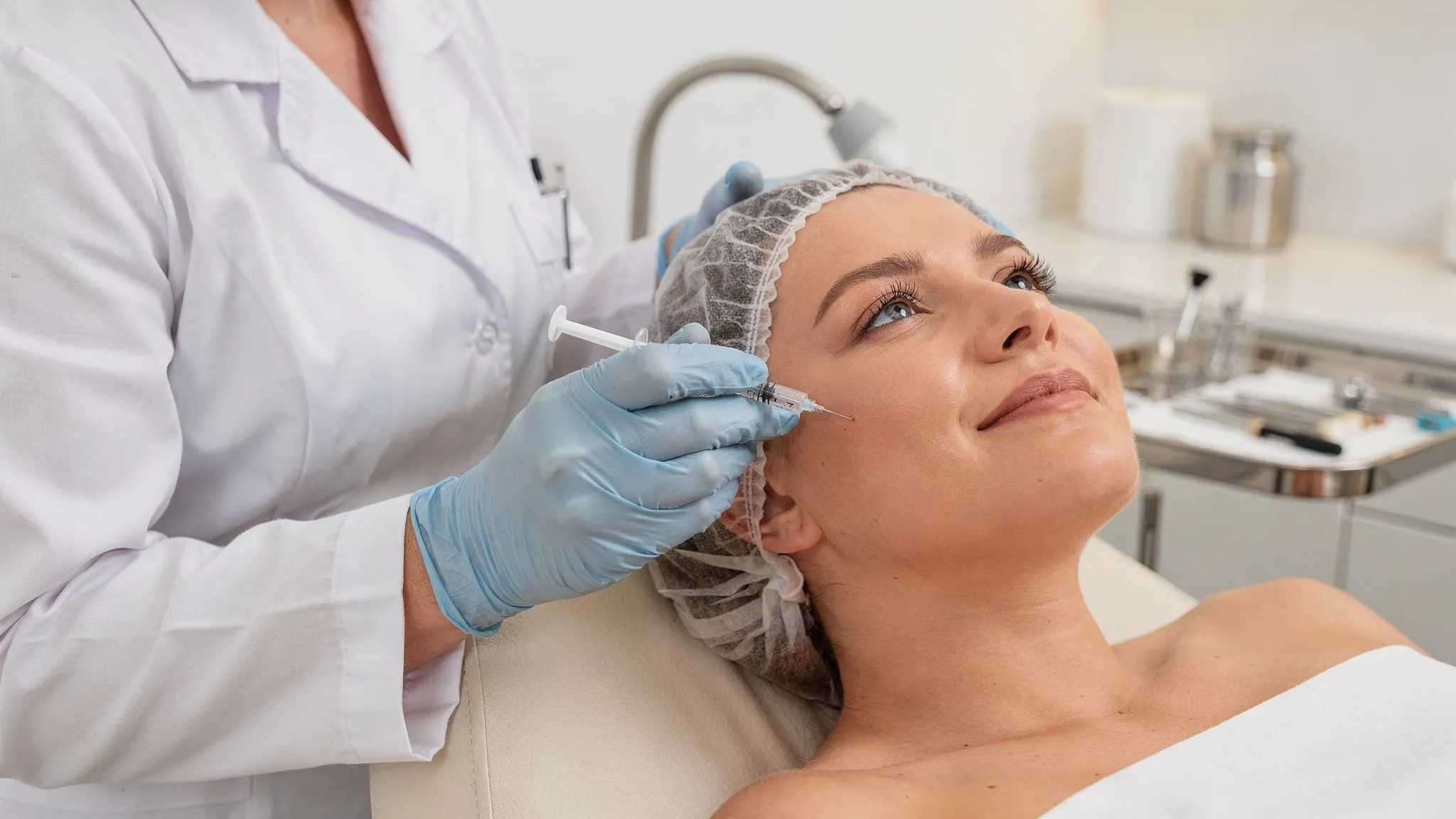 A close-up, clinic-style scene showing a dermatologist performing precise micro-injections on a patient’s cheek with a fine needle, with clean medical lighting and a calm, premium aesthetic clinic environment.