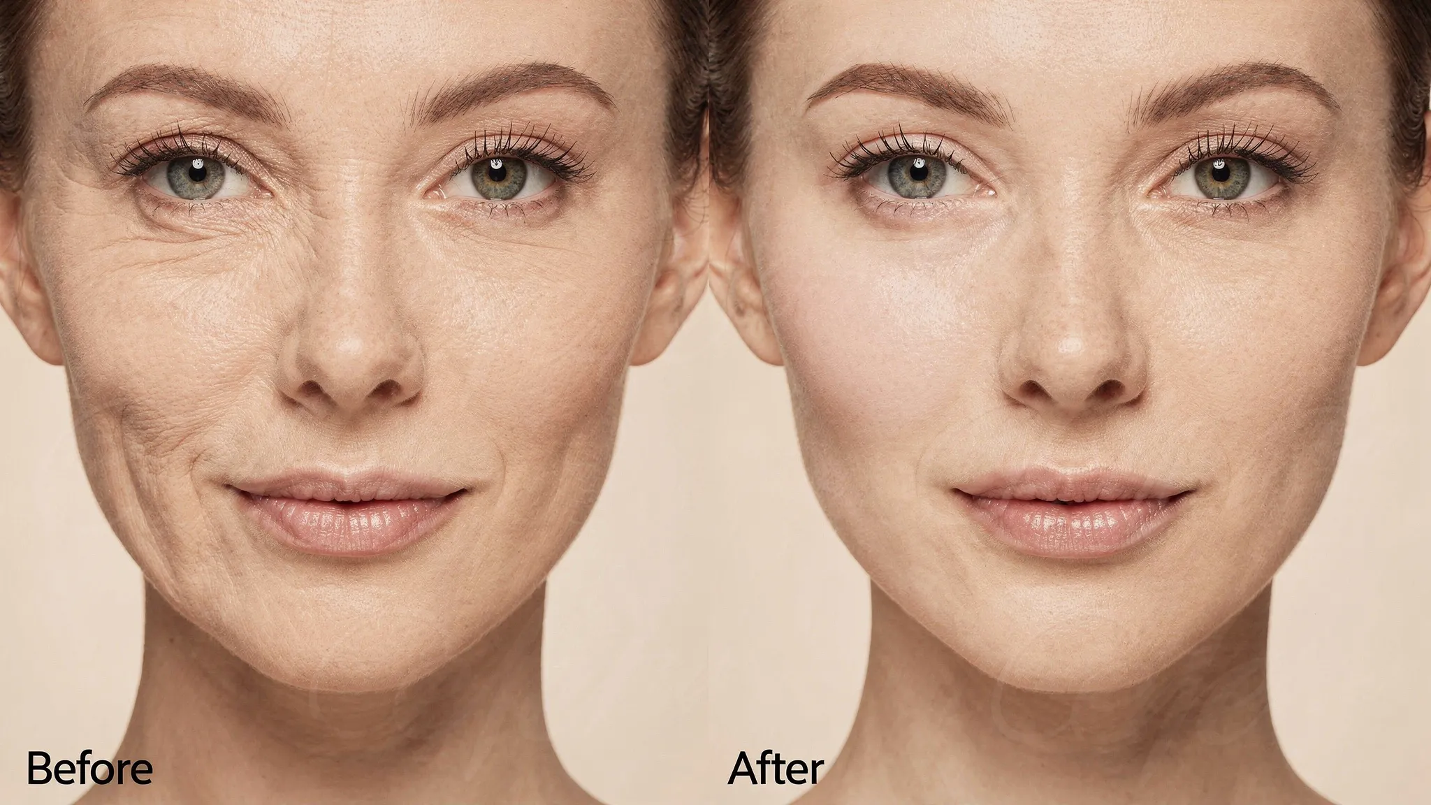A realistic split-face “before vs after” photo concept showing improved hydration glow, smoother cheek texture, and subtle tightening along the jawline, with consistent lighting and neutral expression for accurate comparison.