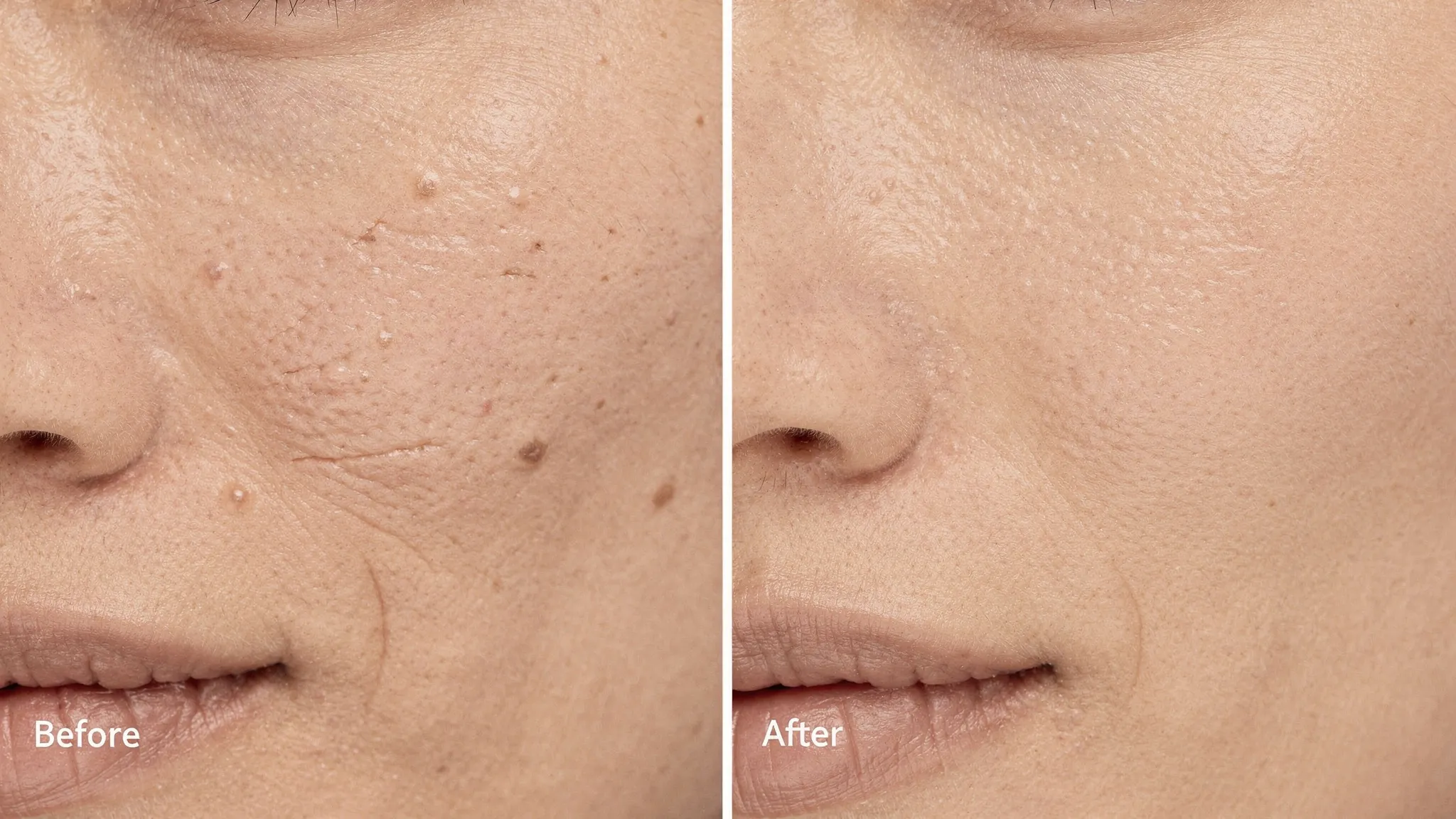 A side-by-side style visual concept showing a close-up cheek and under-eye area with improved hydration and smoother texture on the after side, same lighting and angle, natural skin detail visible.