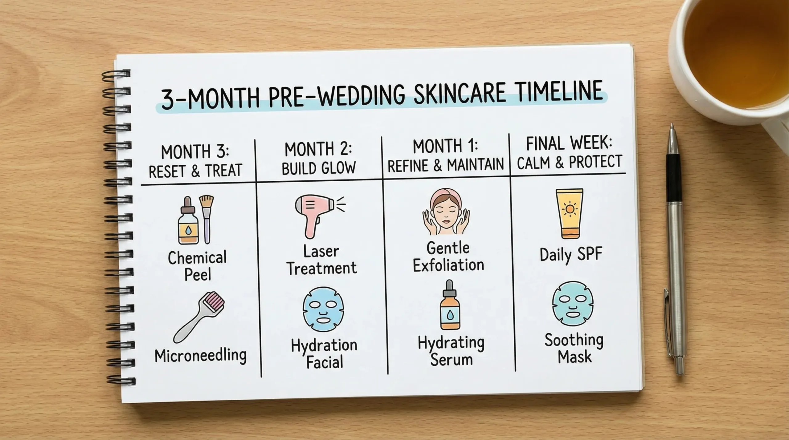 A simple 3-month pre-wedding skincare timeline showing Month 3 (reset and treat), Month 2 (build glow), Month 1 (refine and maintain), and the final week (calm and protect), with icons for peel, microneedling, laser, hydration facial, and SPF.