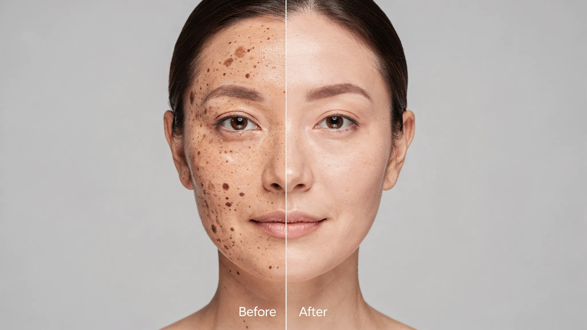 A simple before-and-after style split-face comparison showing reduction in cheek and forehead hyperpigmentation, with consistent lighting and neutral expression to demonstrate realistic improvement after a chemical peel series.