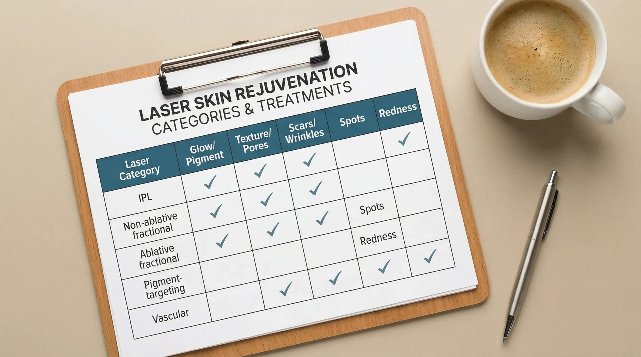 A simple comparison chart showing laser categories for skin rejuvenation (IPL, non-ablative fractional, ablative fractional, pigment-targeting, vascular) and the main concerns each treats: glow/pigment, texture/pores, scars/wrinkles, spots, redness.