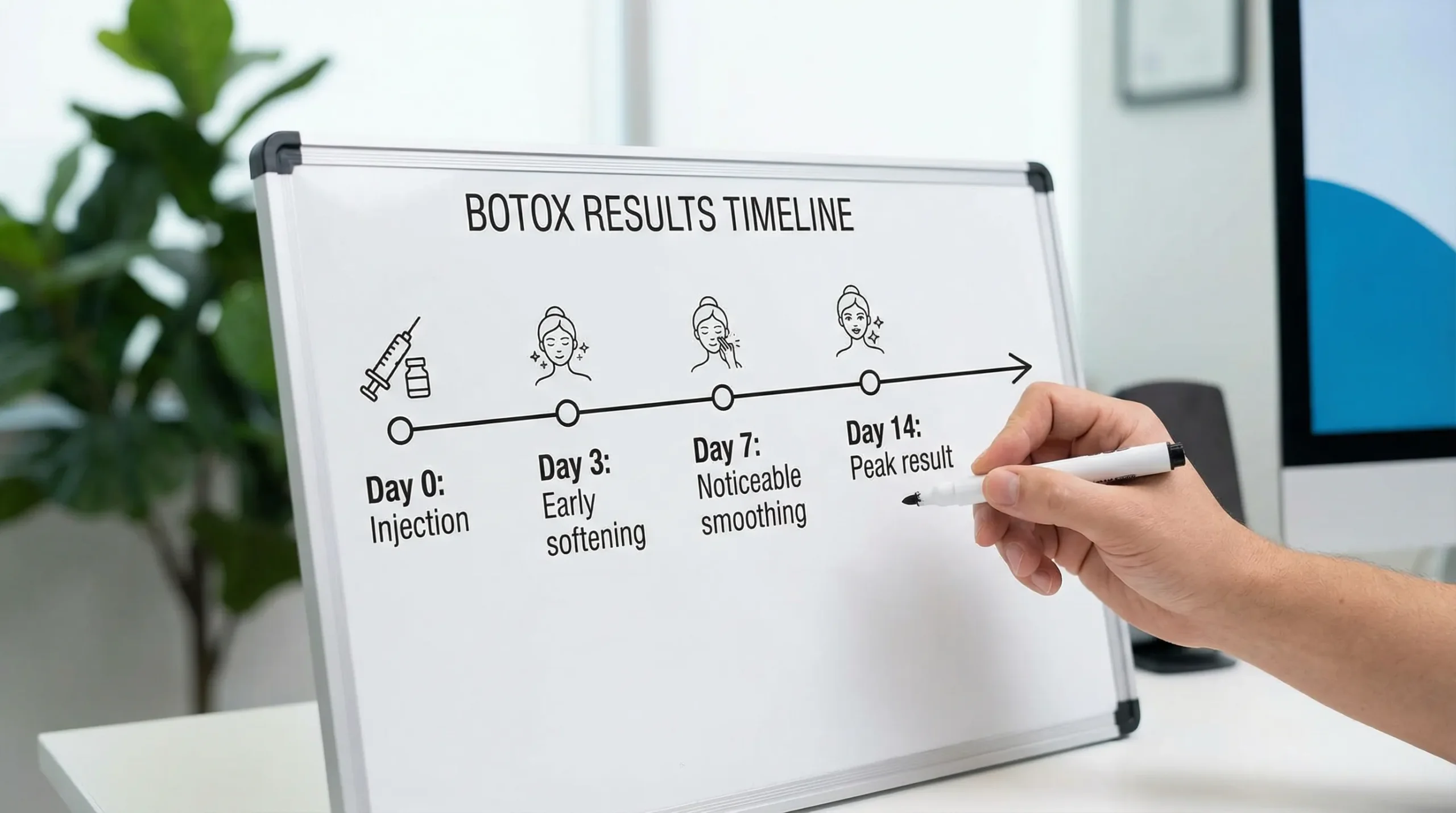 A simple day-by-day timeline graphic showing Botox results from Day 0 to Day 14, with small milestones like “early softening,” “noticeable smoothing,” and “peak result.”