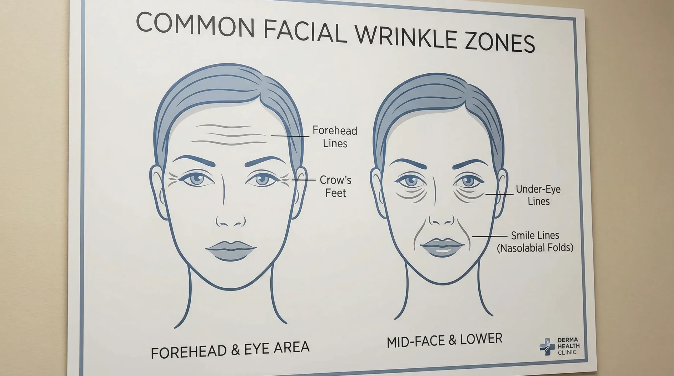A simple side-by-side illustration showing common wrinkle zones on a face (forehead lines, crow’s feet, under-eye lines, smile lines) with labels, designed like a clean clinic guide.