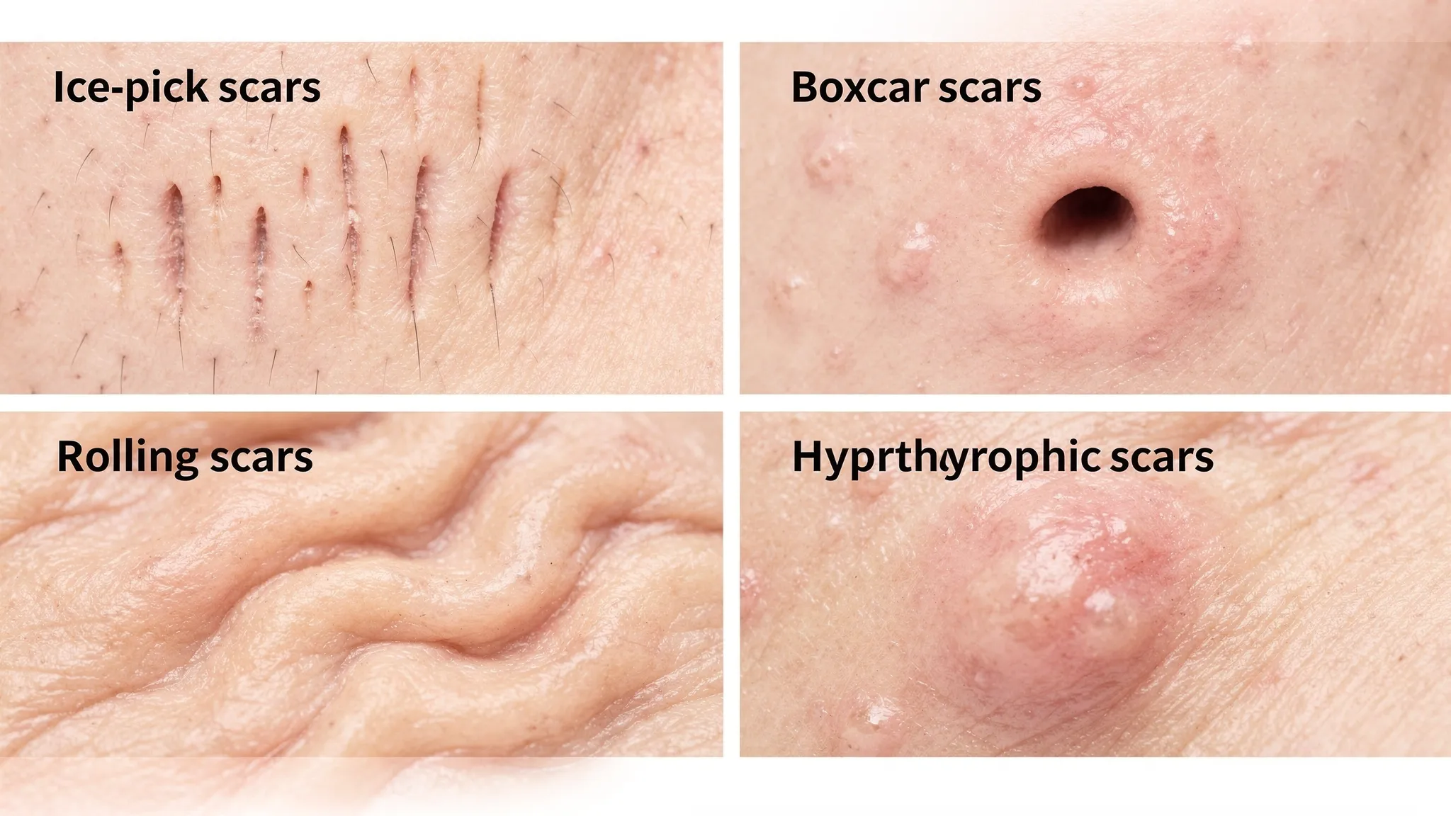 A simple visual guide showing common acne scar types on cheek skin: ice-pick (narrow deep pits), boxcar (sharp-edged depressions), rolling (wavy texture), and raised hypertrophic scars.