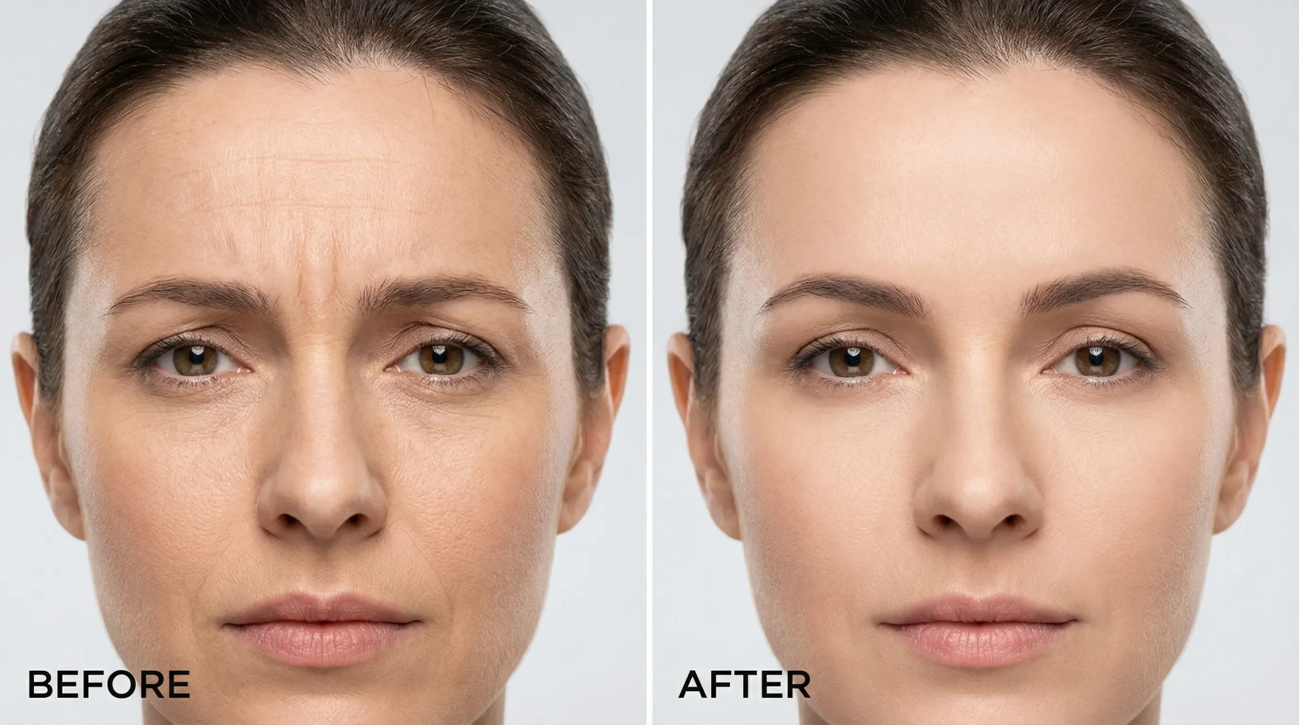 A split-panel illustration concept of a woman’s upper face before and after Botox, showing softer forehead lines and reduced frown-line creasing in the after panel (natural expression maintained).
