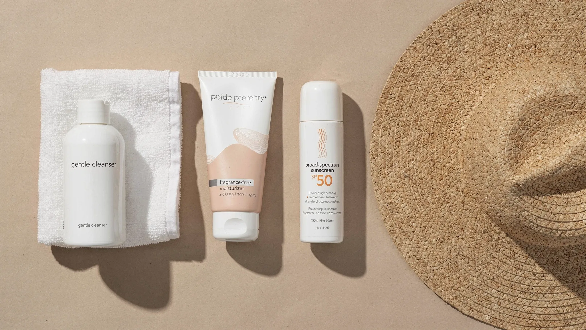 Flat lay of post-laser aftercare essentials: gentle cleanser, fragrance-free moisturizer, broad-spectrum sunscreen, and a wide-brim hat on a neutral background.