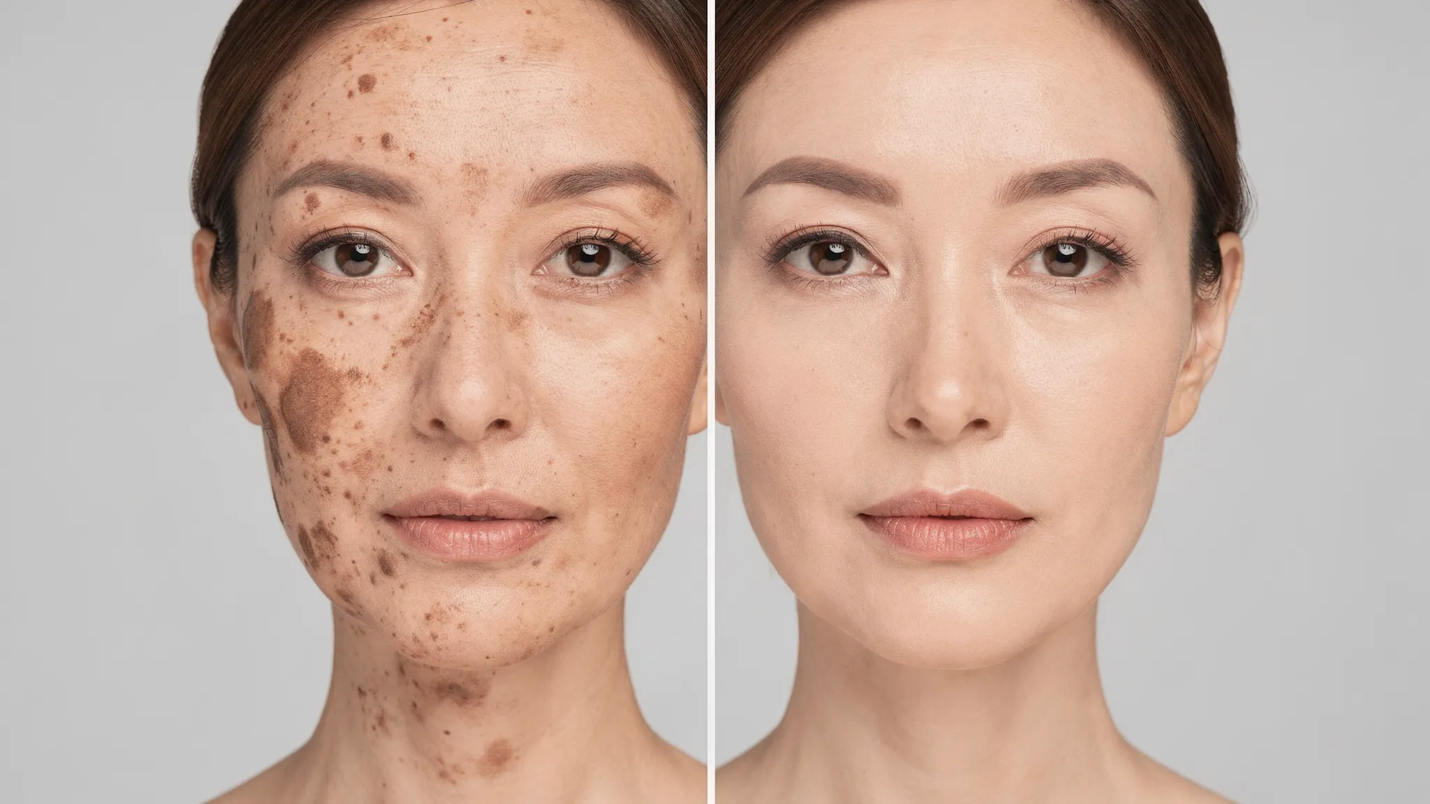 Split-face before-and-after style comparison of facial pigmentation improvement, showing a reduction in visible dark patches and a more even tone under consistent lighting and angle.