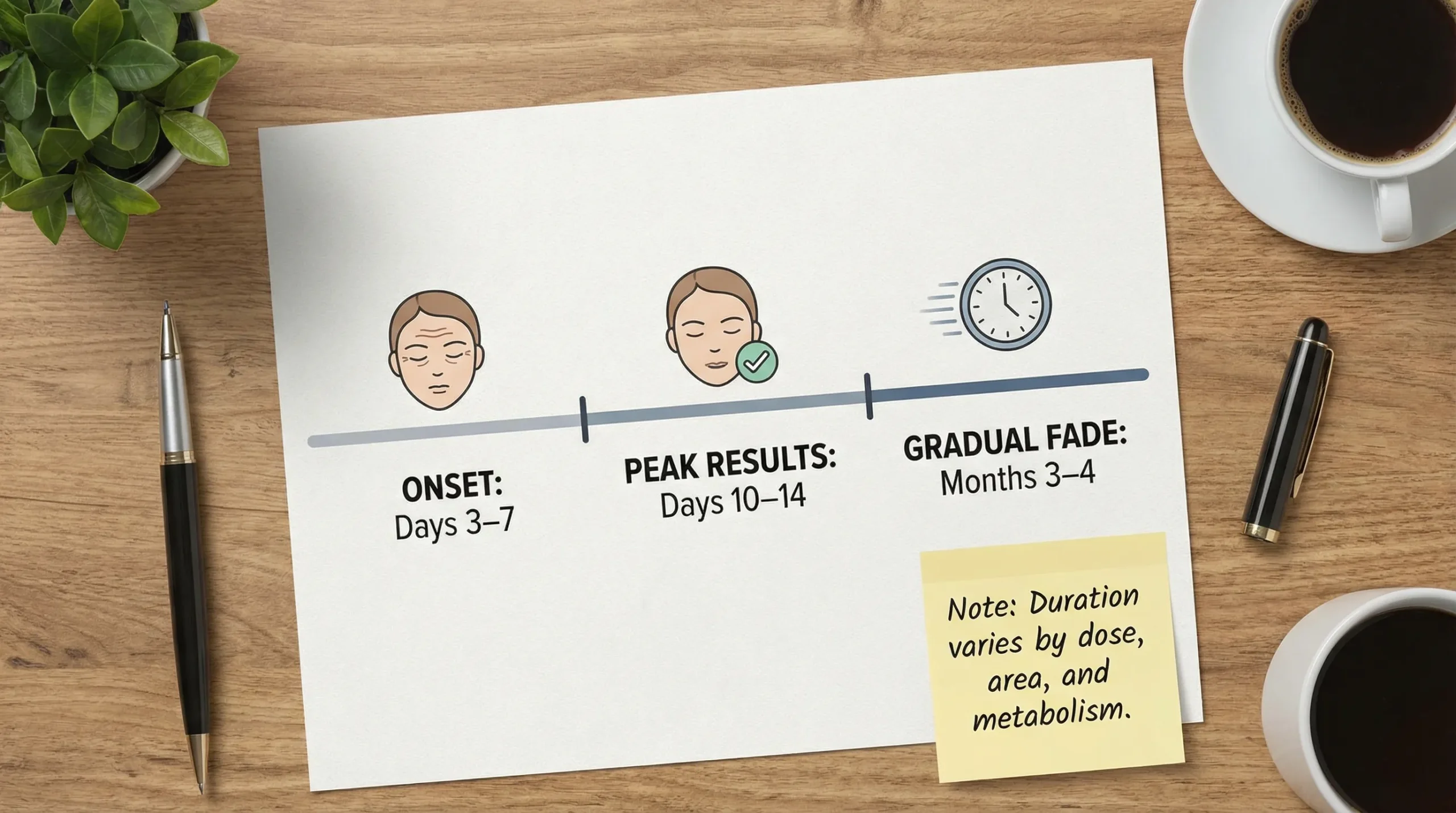 A simple timeline graphic showing Botox onset (days 3–7), peak results (days 10–14), and gradual fade (months 3–4), with a small side note that duration varies by dose, area, and metabolism.
