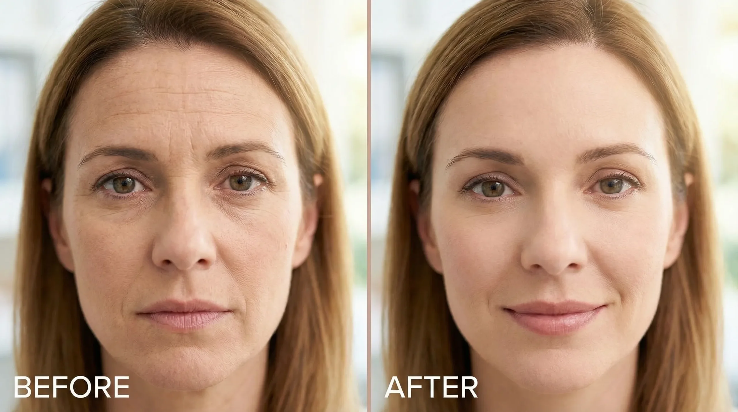 A split-face illustration of a woman’s upper face showing a natural-looking Botox before and after: softened forehead lines and frown lines while keeping gentle expression.