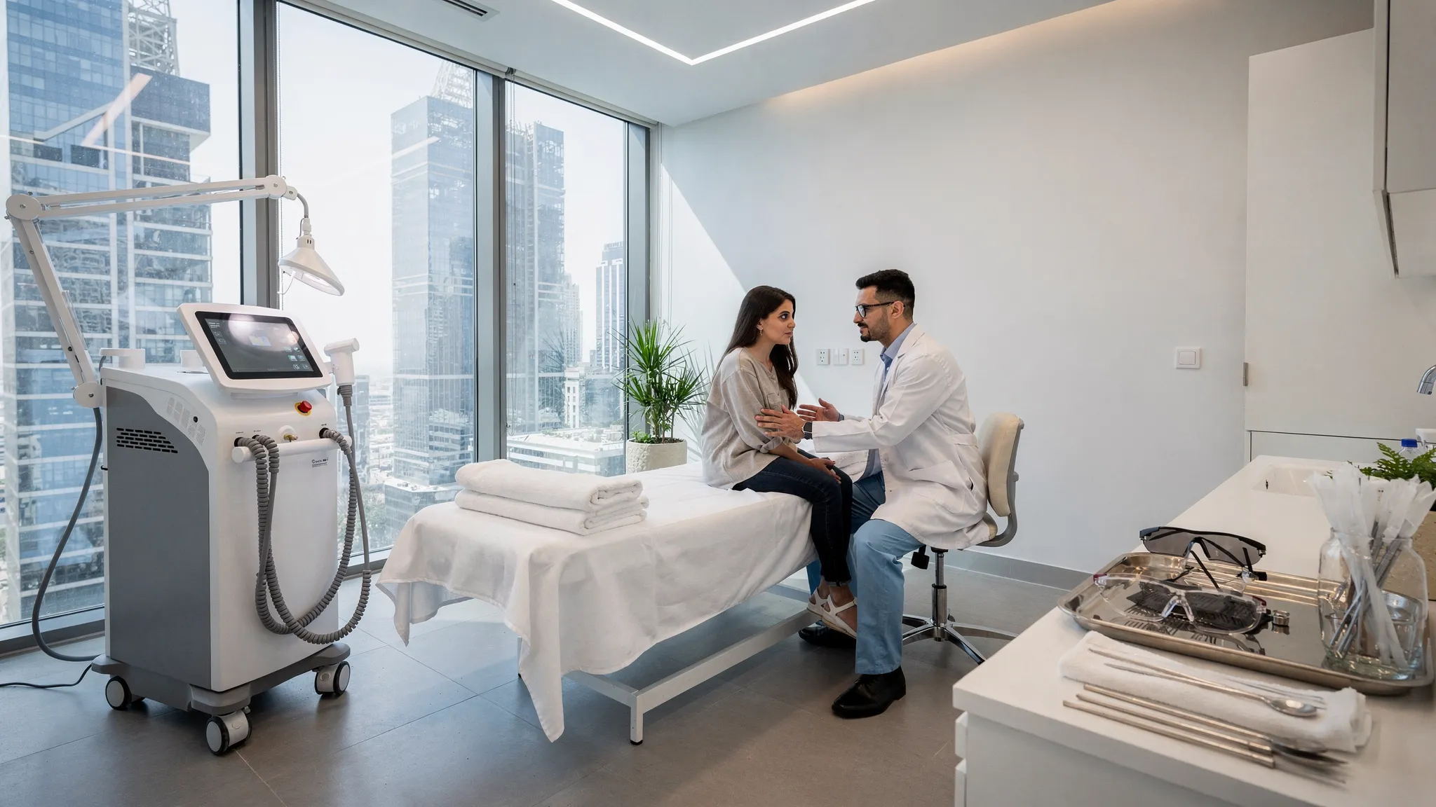 Dermatologist examining facial pigmentation under a skin analysis lamp in a calm clinic setting