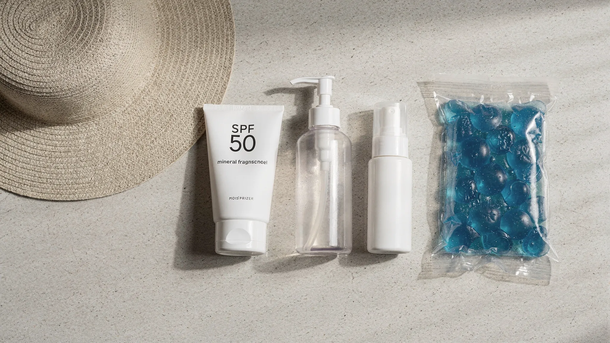 Flat lay of melasma friendly skincare essentials: gentle cleanser, moisturizer, broad spectrum sunscreen, and a wide brim hat