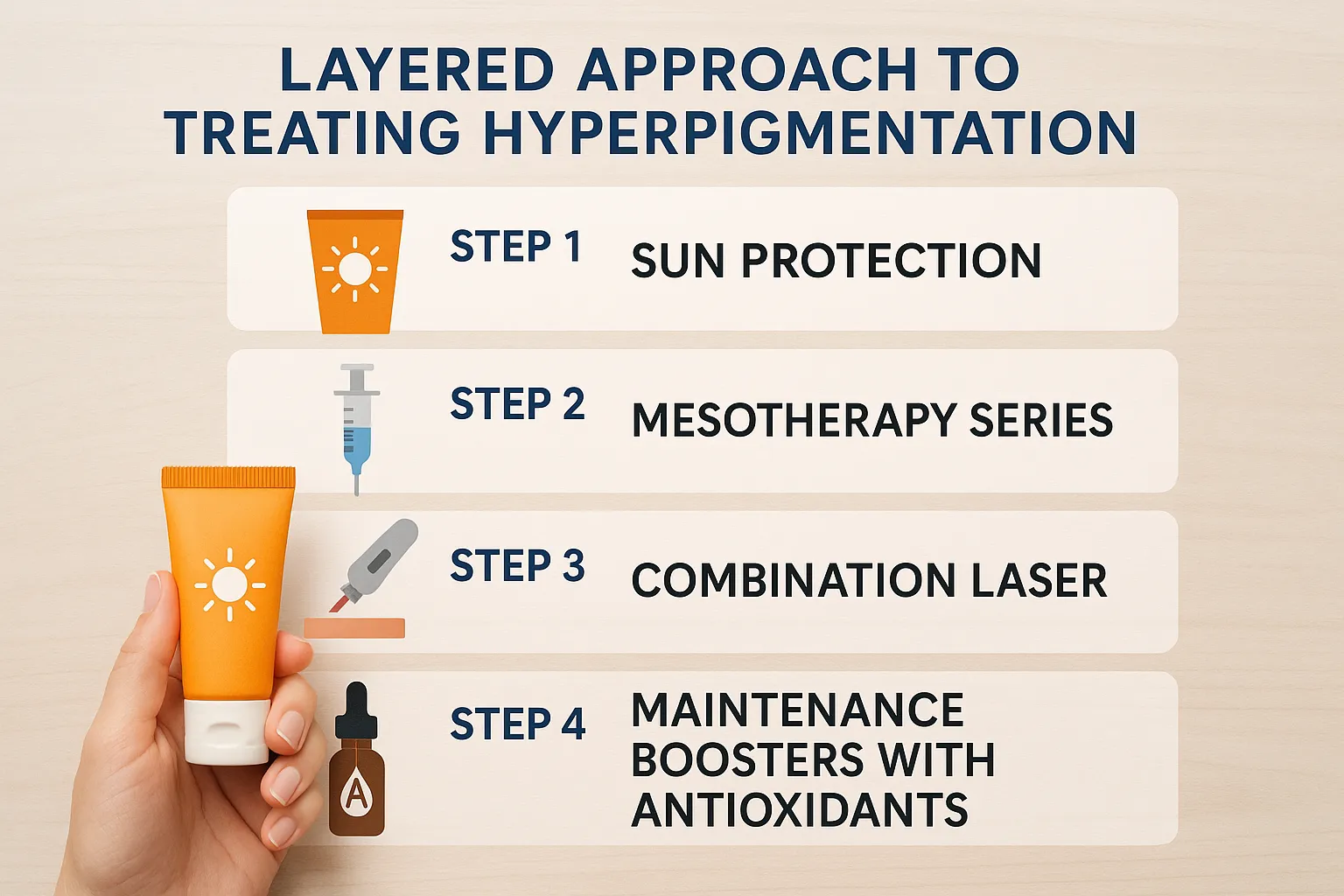 Infographic showing a layered approach to treating hyperpigmentation: Step 1 sun protection, Step 2 mesotherapy series, Step 3 combination laser, Step 4 maintenance boosters with antioxidants.